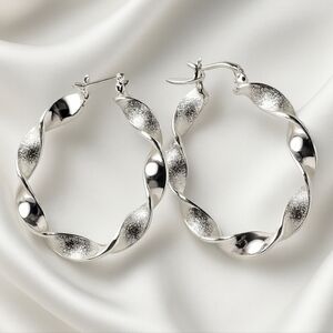 Silver Tone Polished & Textured design Big Twisted Hoop Earrings - Stylish Women